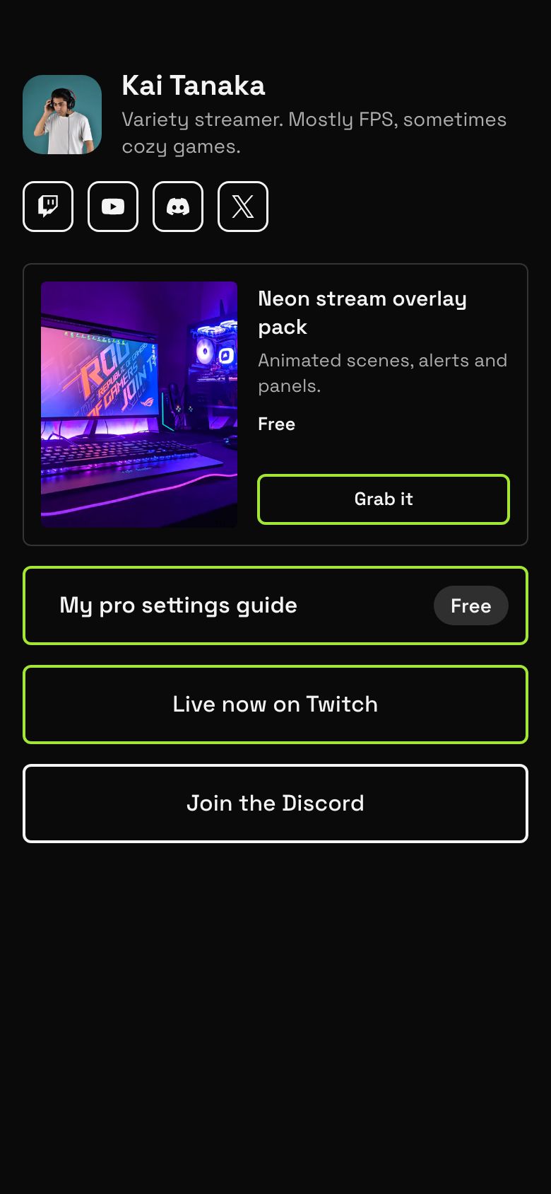 The Neon template on a creator's Zavil page